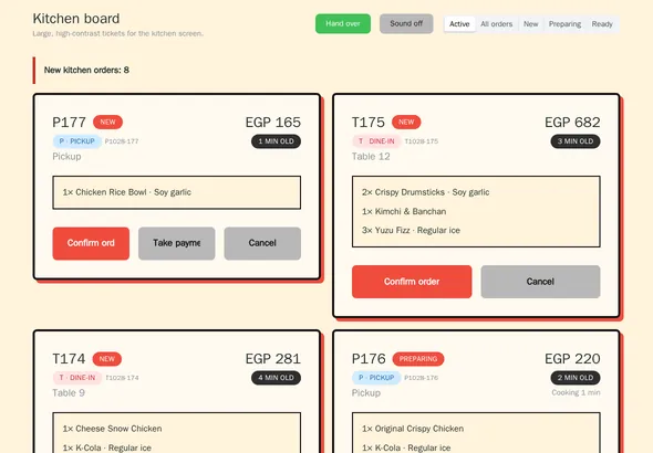 Kitchen display on a tablet with order tickets sorted by status