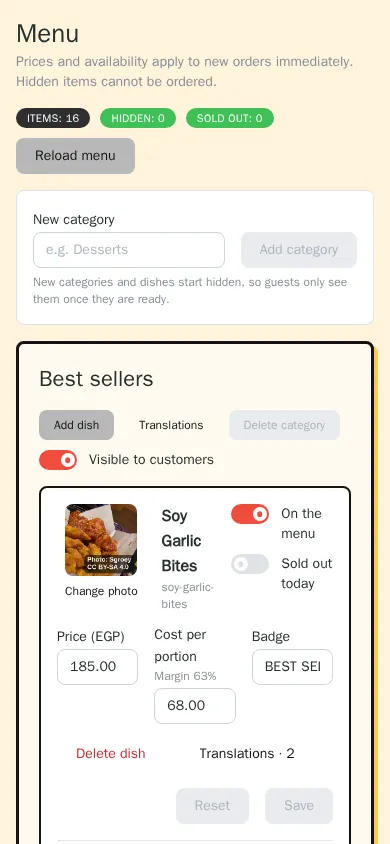 Menu editor on a phone for changing prices and availability